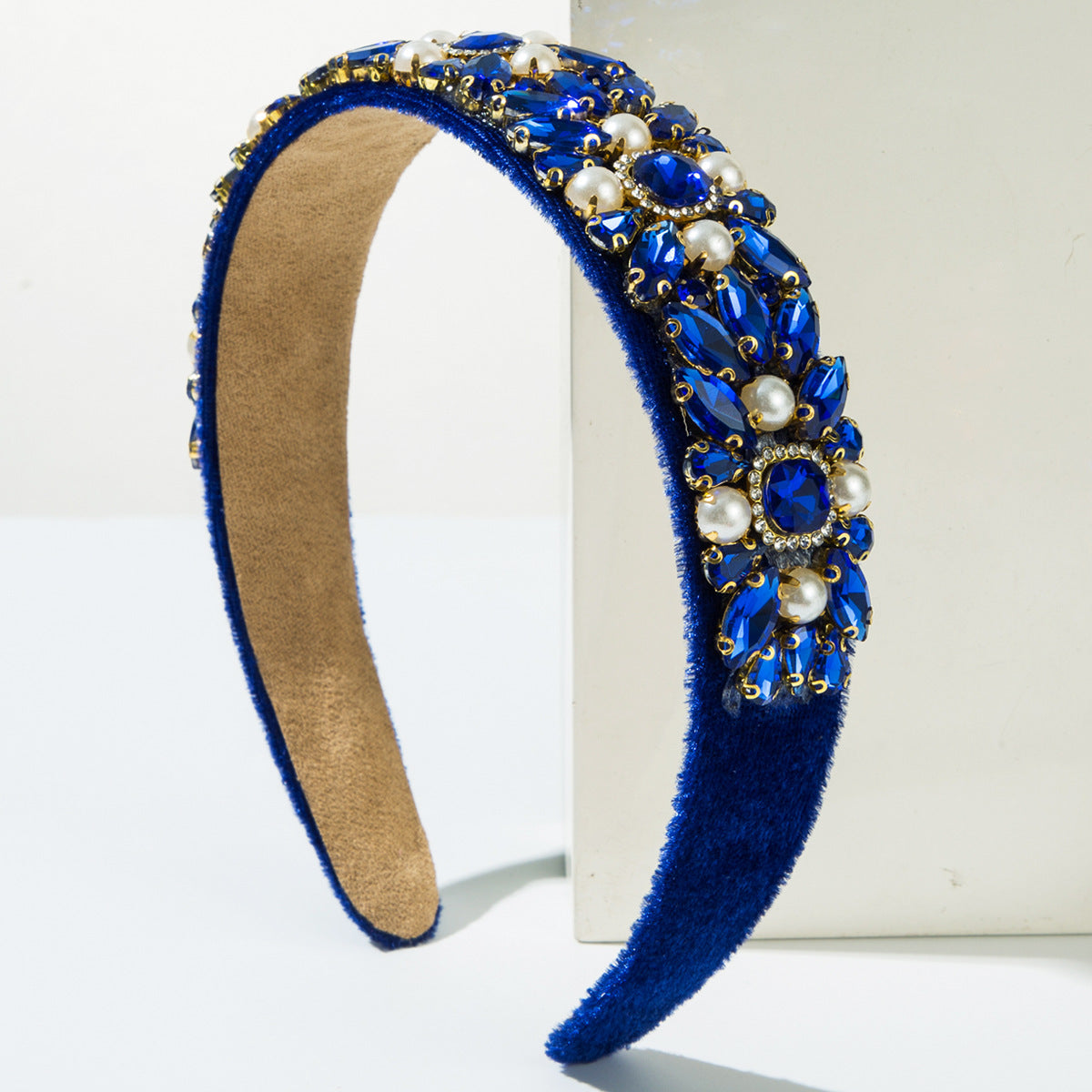 Baroque Velvet Wide Headband With Pearls and Rhinestones