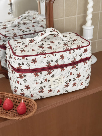 Orange Floral Corduroy Makeup Bag Spacious Outdoor Travel Toiletry Bag