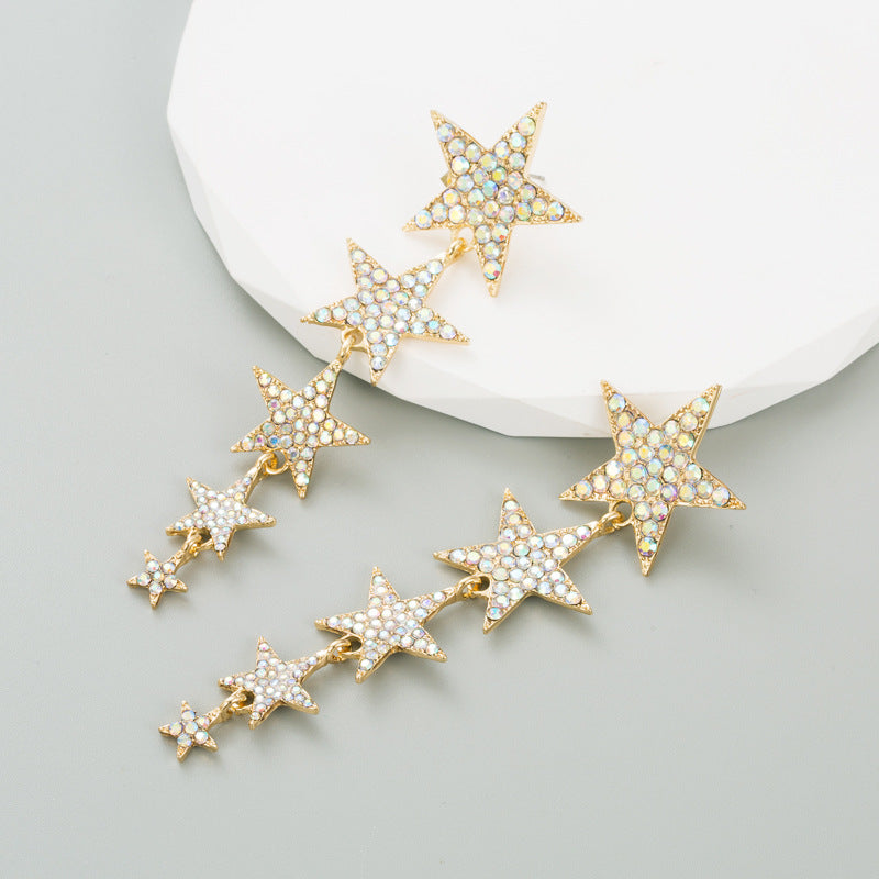 Star-Shaped Long Earrings with Multi-Layer Rhinestones