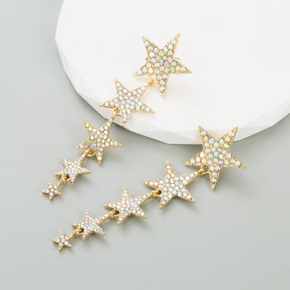 Star-Shaped Long Earrings with Multi-Layer Rhinestones