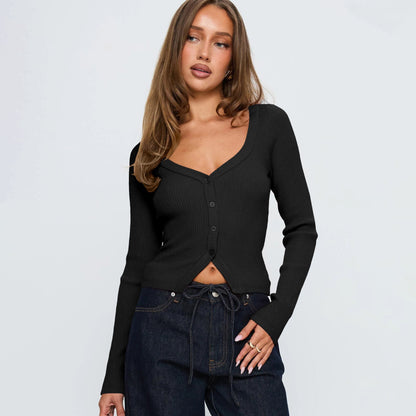 V-Neck Long Sleeve Cardigan Cozy Casual Top