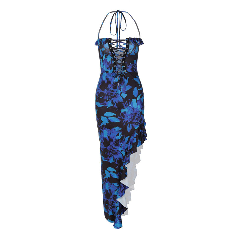 Trendy Sexy Open Back Halter Tie Floral Maxi Dress