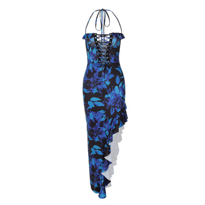 Trendy Sexy Open Back Halter Tie Floral Maxi Dress