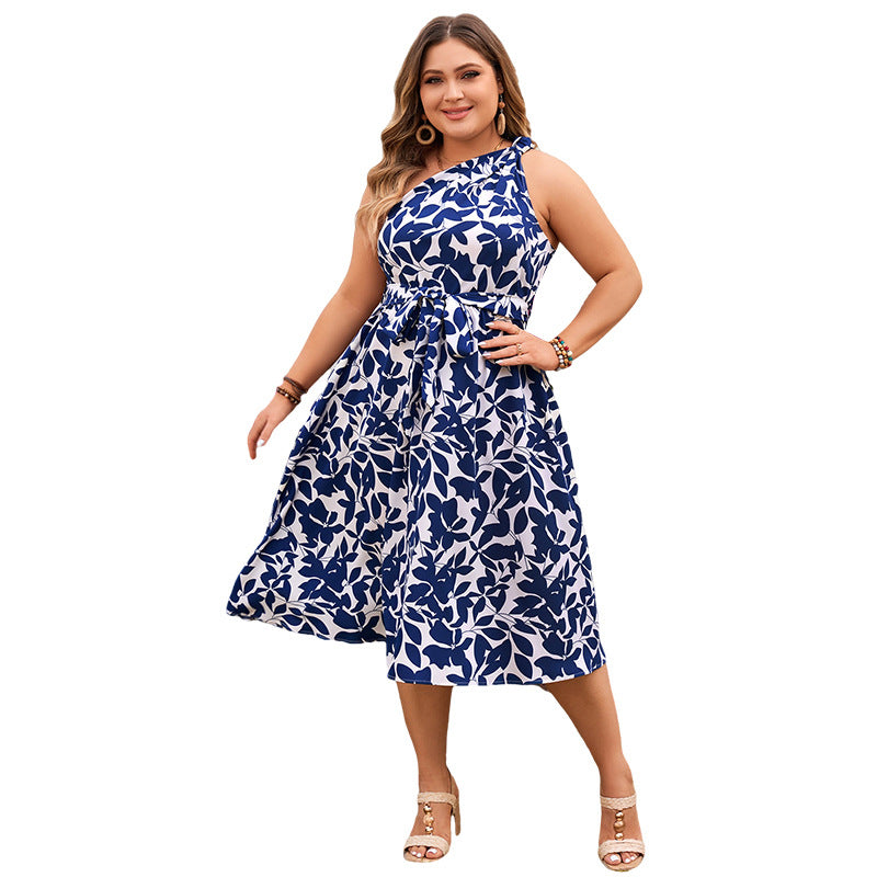 Asymmetrical Shoulder Floral Print Dress for Women