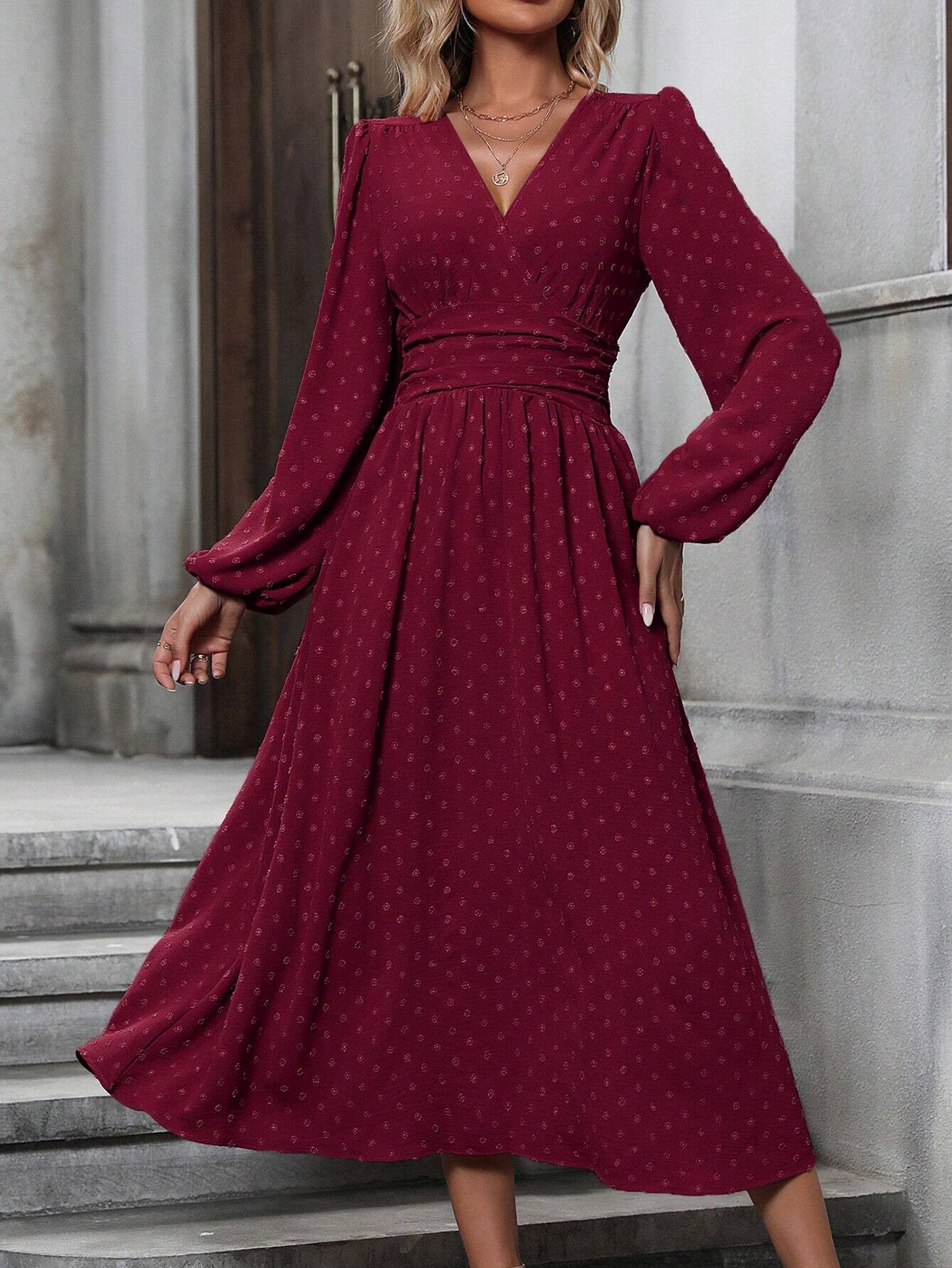 Autumn And Winter New Medium Hairball Diagonal Neck Lantern Sleeve Pleated Waist Dress