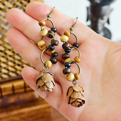 Botanical Pattern Wooden Bead Dangle Earrings