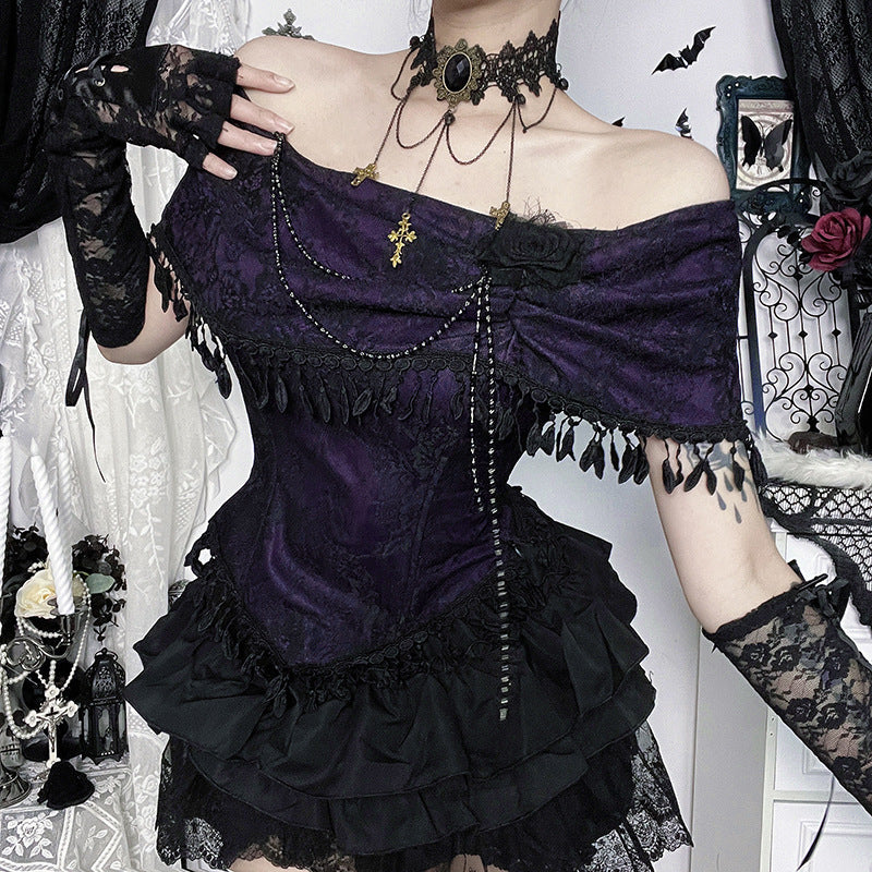 Gothic Rose Print Off-Shoulder Top Stylish Casual Lace Blouse