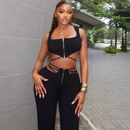 Sexy Black Sleeveless Top And High-Waisted Leggings Set