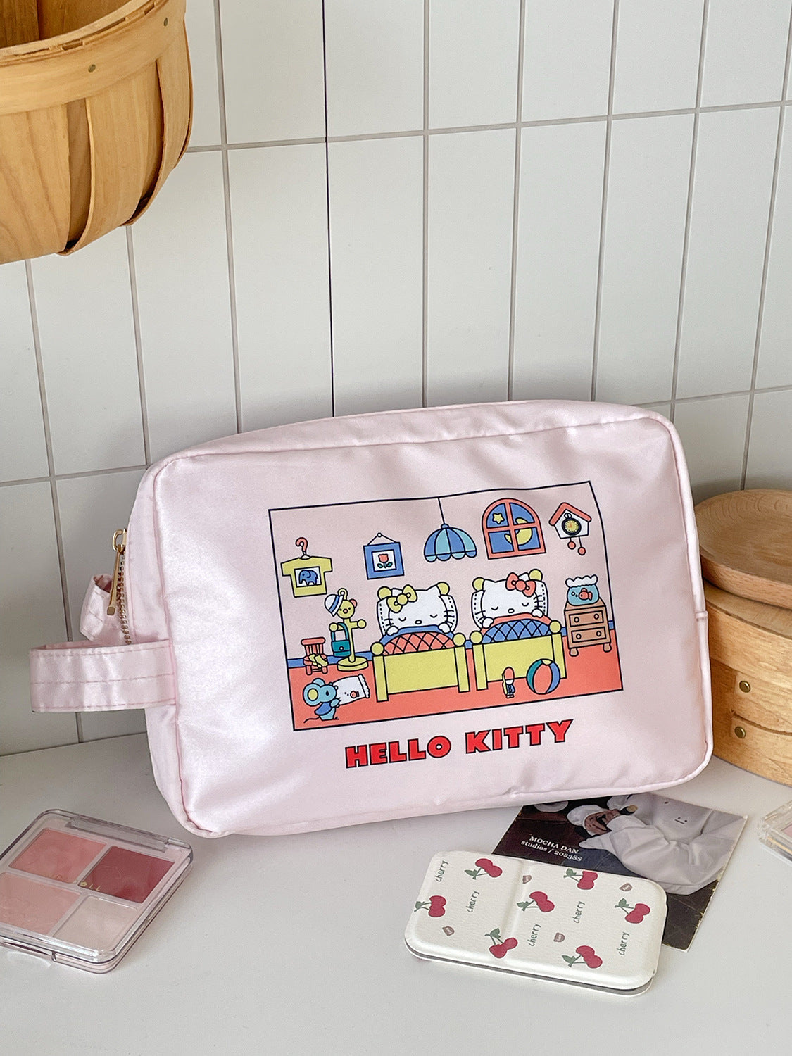 Cat Print Satin Cosmetic Bag Cute Cartoon Travel Organizer