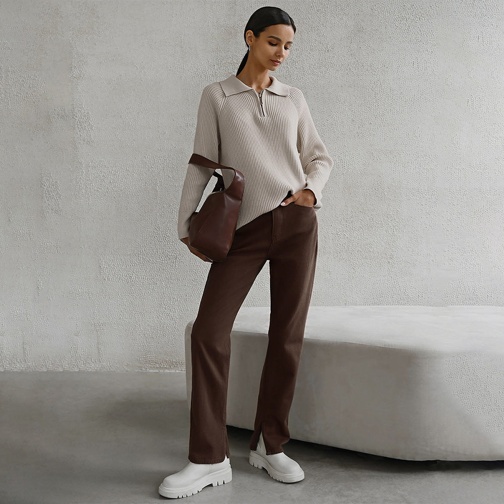 Solid Color Zipper Sweater Loose Knit Sweater