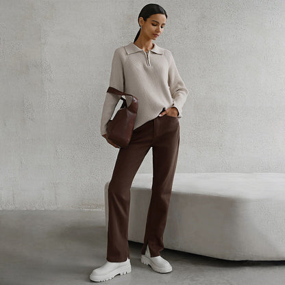 Solid Color Zipper Sweater Loose Knit Sweater