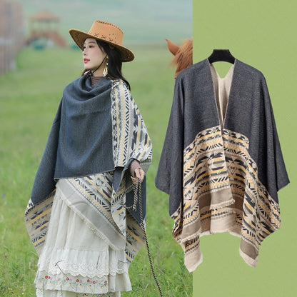 Tibetan Great Retro Totem Red Warm Outer Shawl Women'S Scarf Autumn And Winter Cloak Big Cloak