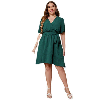 Green V-Neck Belted A-Line Dress
