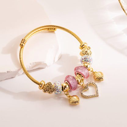 Heart-Shaped Crystal Bracelet Adjustable Handcrafted Stainless Steel Bangle