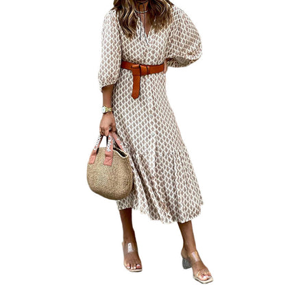 Fall/Winter New Fashion Belt Print V-Neck Simple Temperament Long Dress