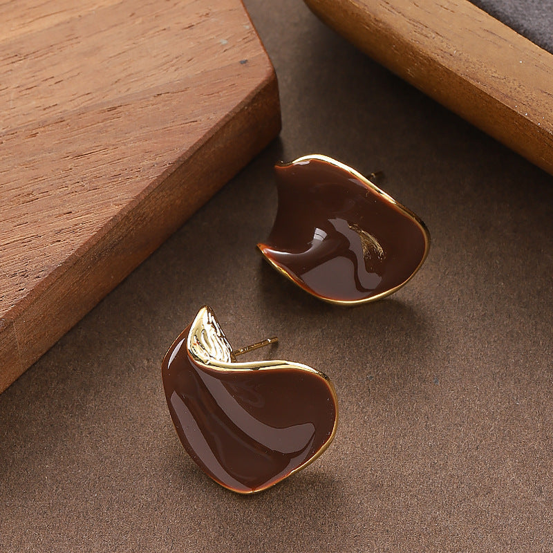 Burgundy Geometric Drip Glaze Ear Studs Vintage Style Earrings