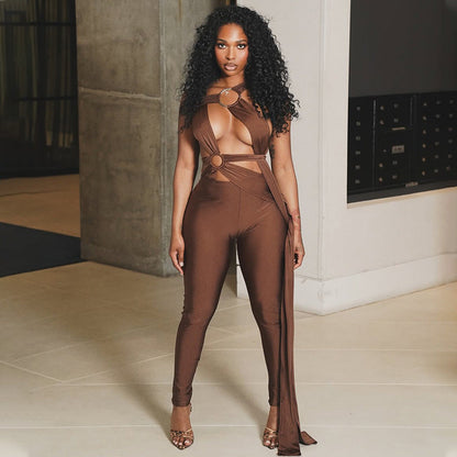 Stylish Hollow-Out Bodysuit With Metal Accent For Women