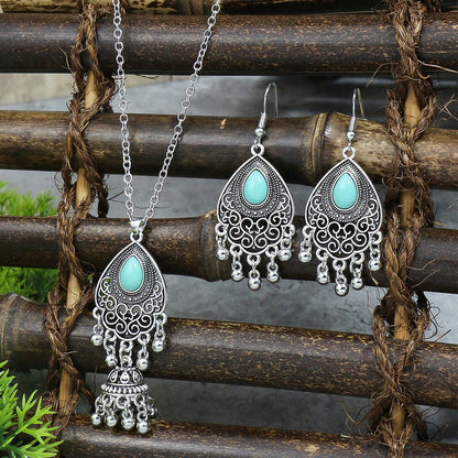 Bohemian Tassel Earrings and Necklace Set with Turquoise Accents