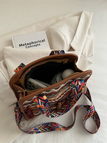 Ethnic Style Tassel Shoulder Bag Trendy Chic Fabric Crossbody Bag