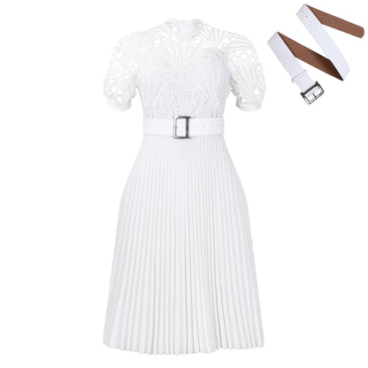 Elegant Lace Trim Short Sleeve A-Line Dress