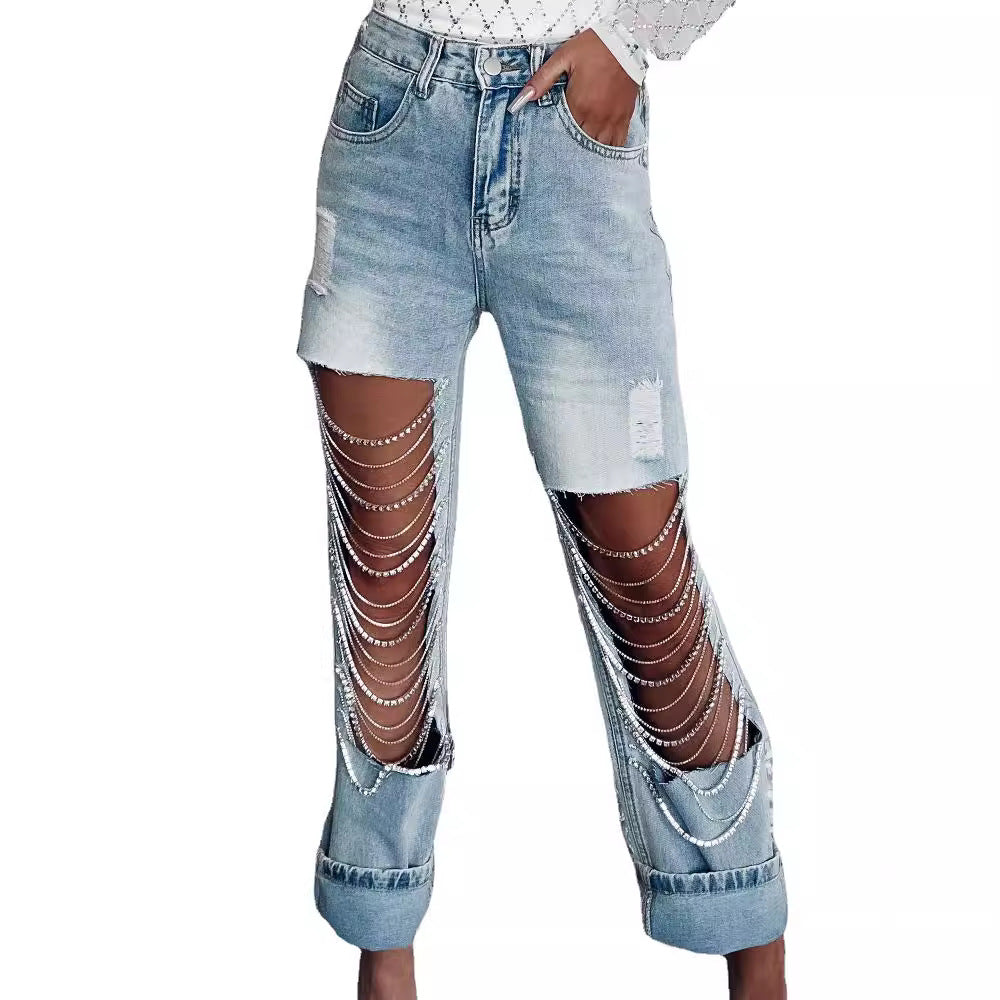 Distressed Denim Jeans with Chain Detail for Women