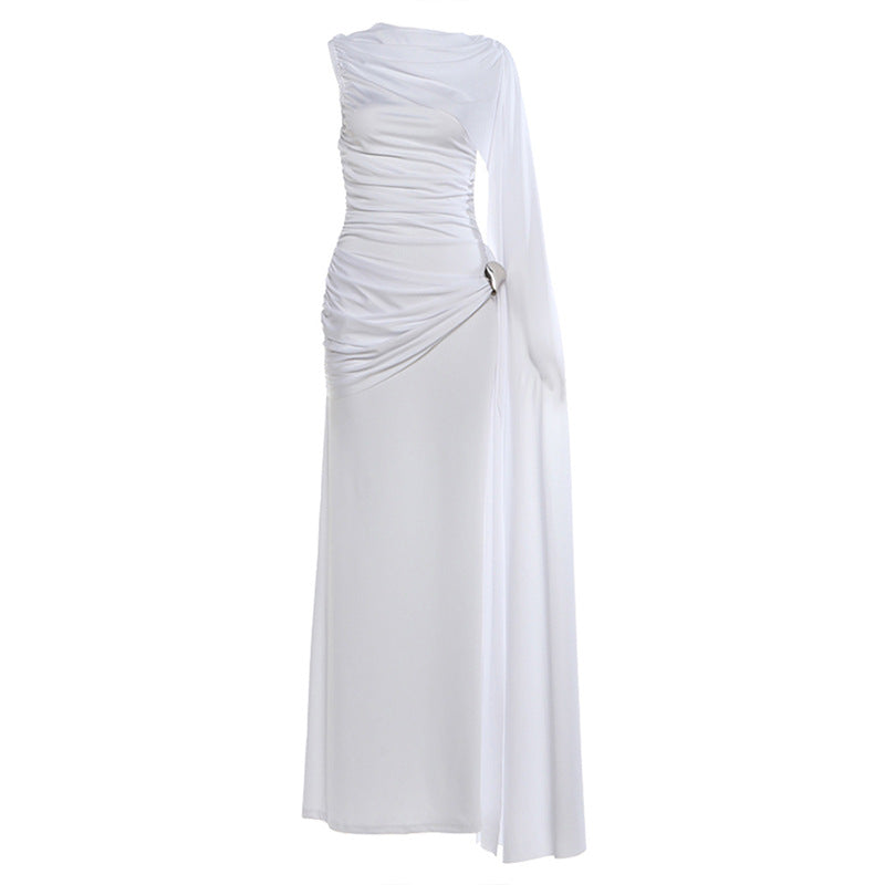 Slim Fit Solid Color Maxi Dress With Ruffled Details
