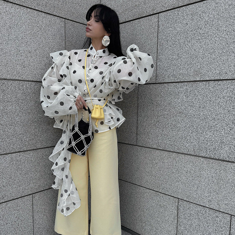 Polka Dot Ruffle Hem Long Sleeve Shirt