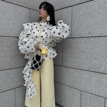 Polka Dot Ruffle Hem Long Sleeve Shirt