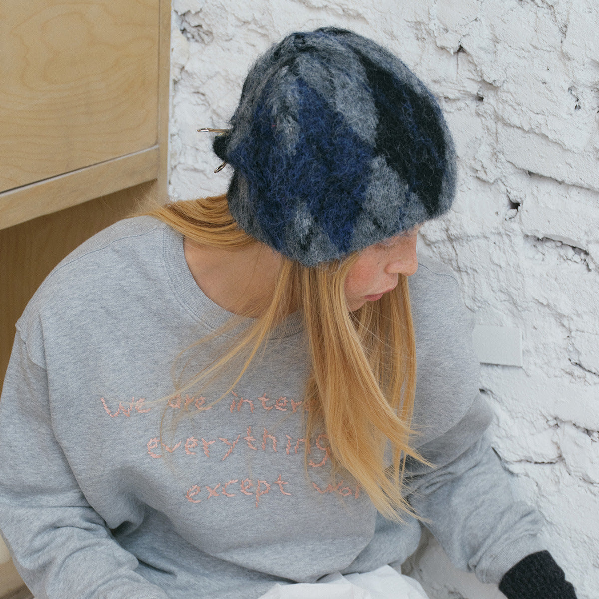 Wool Blend Diamond Pattern Knit Beanie for Women