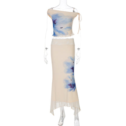 Floral Print Asymmetrical Top With Tie Back And Slim Fit Midi Skirt Set