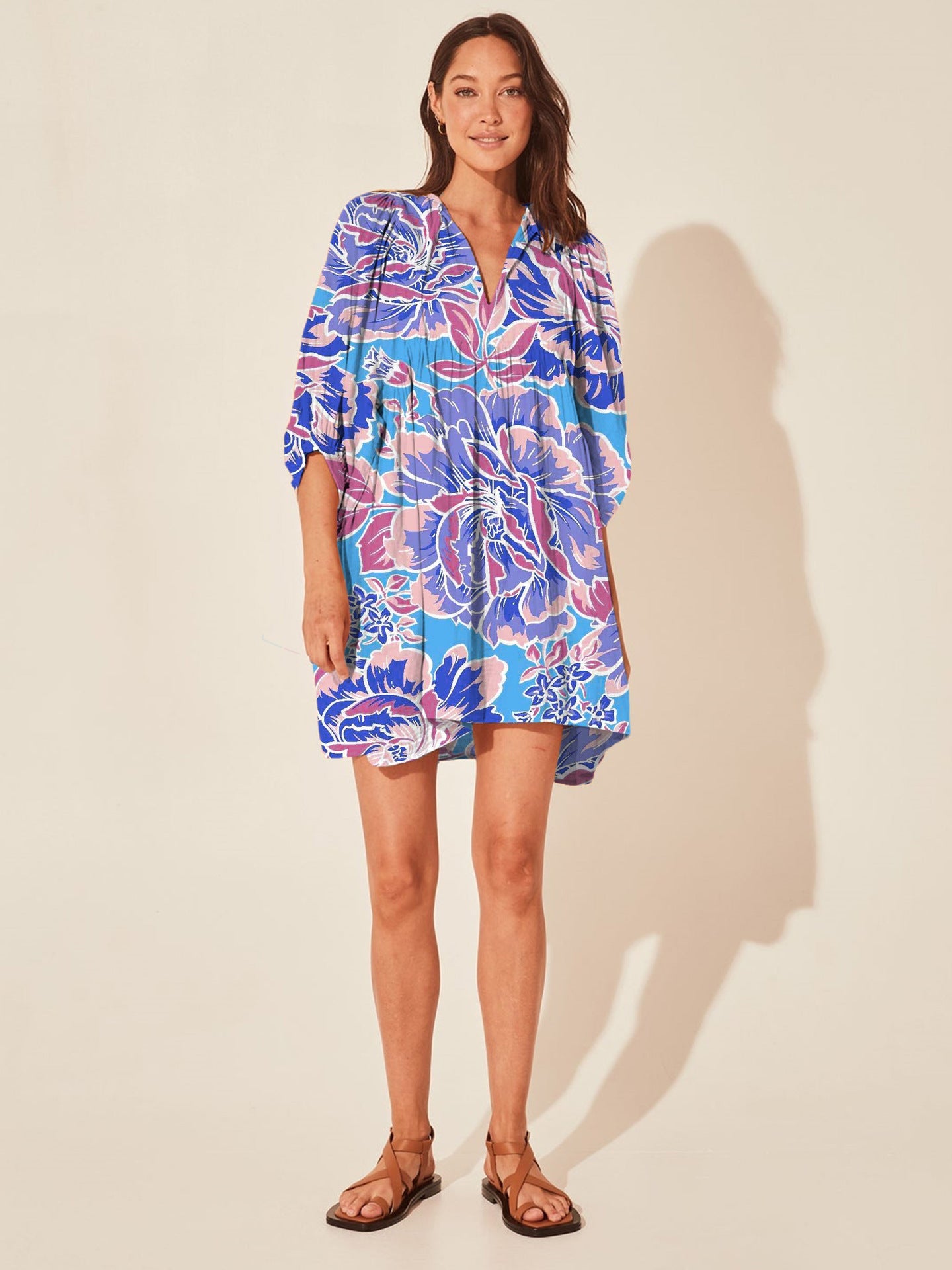 Floral Print Casual Dress with Tie Waist and Half Placket