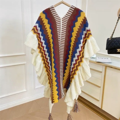 Ethnic Style Shawl Women'S Wooden Ears Fashionably Wear Knitted Cloak