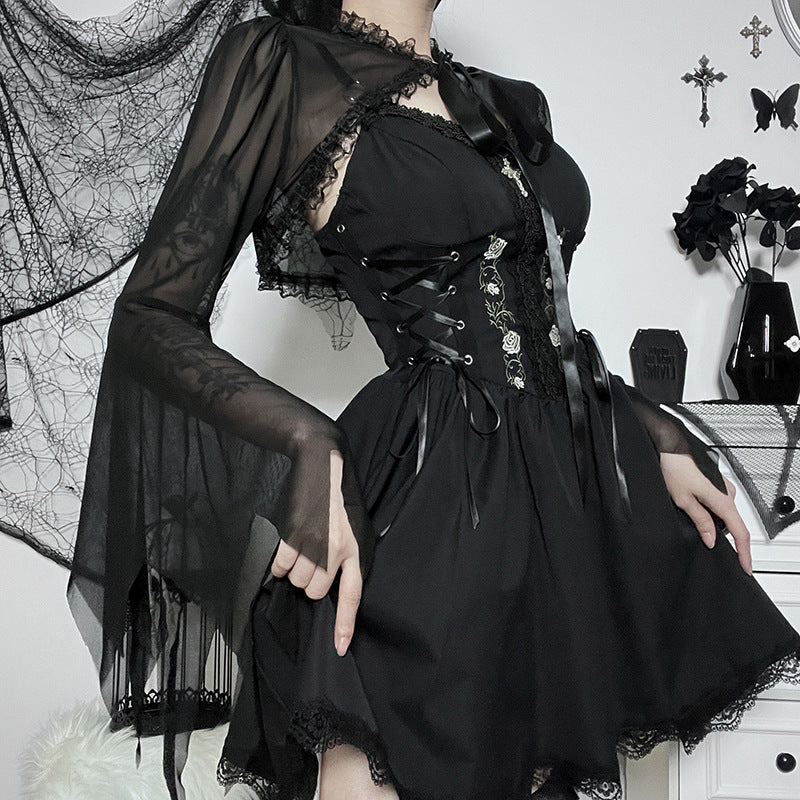 Sheer Lace Panel Long Sleeve Top with Tie Band