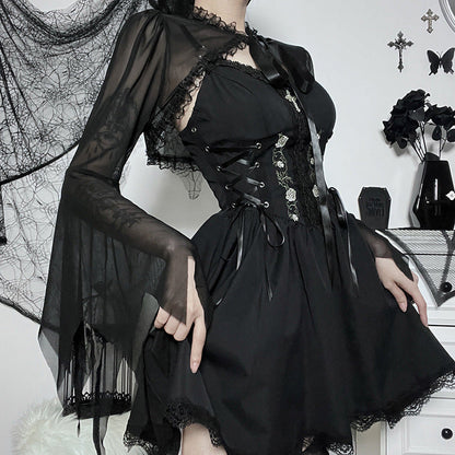 Sheer Lace Panel Long Sleeve Top with Tie Band
