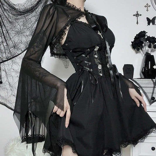 Sheer Lace Panel Long Sleeve Top with Tie Band