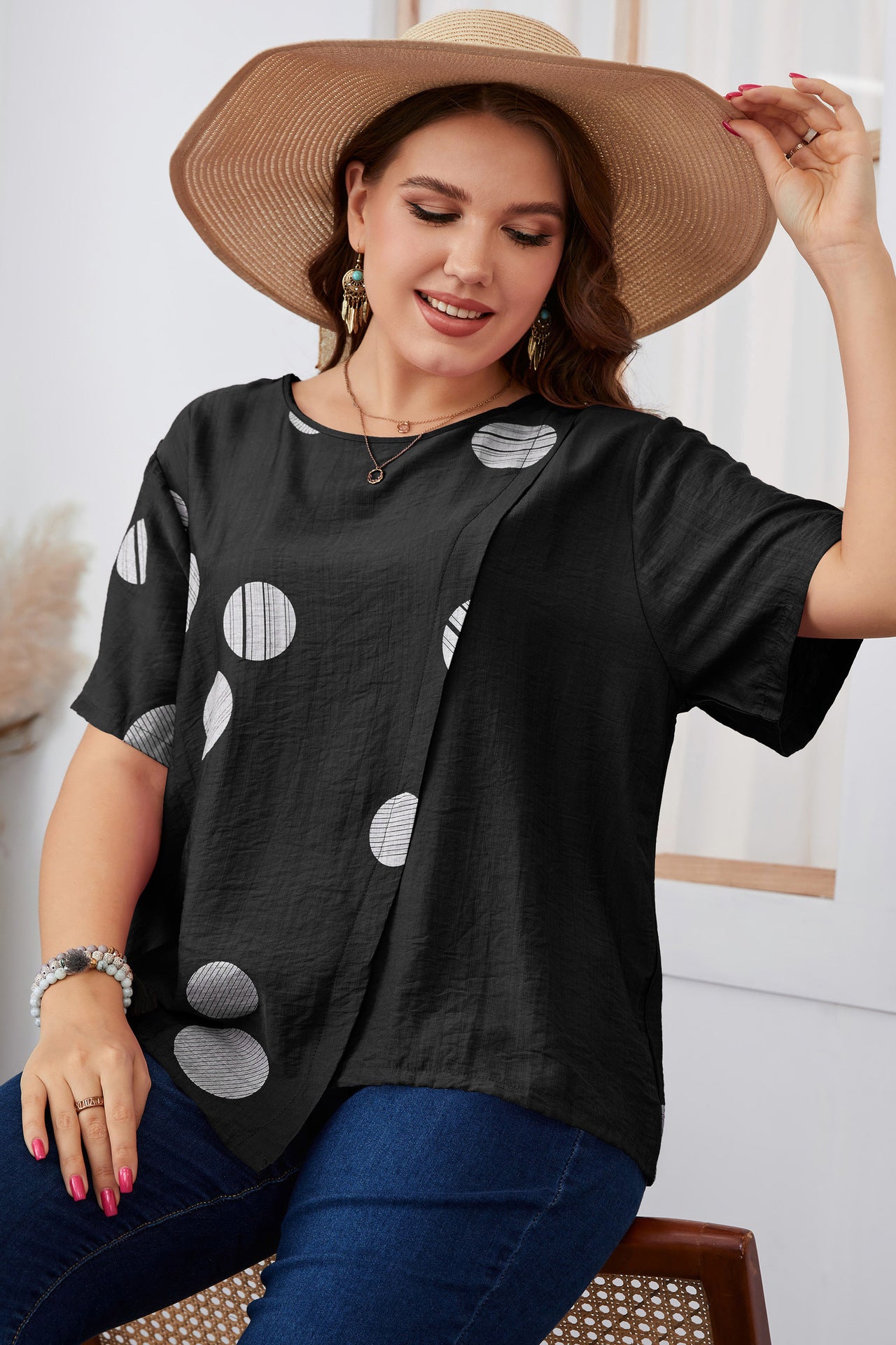 Plus Size Polka Dot Short Sleeve T-Shirt Casual Style