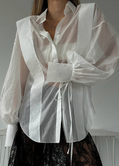 Oversized Cotton Blend Shirt with Ribbon Tie Sleeves