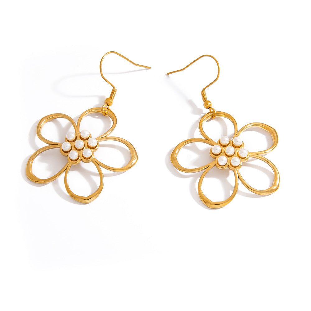 Stylish Floral Hollow Stainless Steel Pearl Drop Earrings