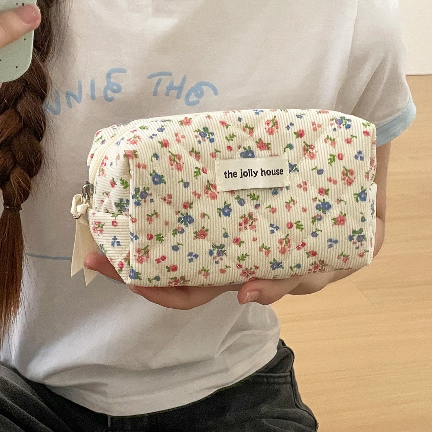 Corduroy Flower Print Sweet Make Up Bag