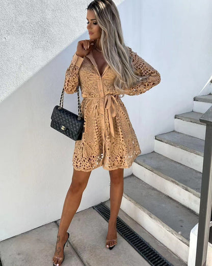 Women'S Fashionable Temperament Lace Mini Lace-Up Dress
