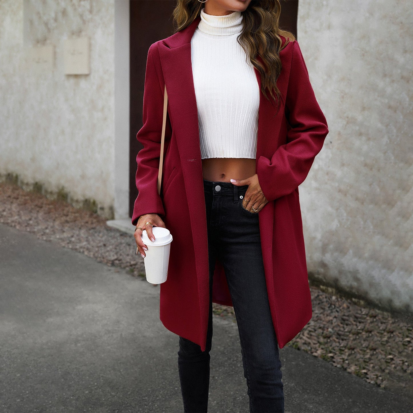 Elegant Casual Long Coat Solid Color Polyester Cardigan