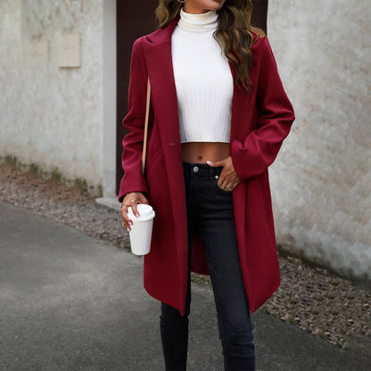 Elegant Casual Long Coat Solid Color Polyester Cardigan