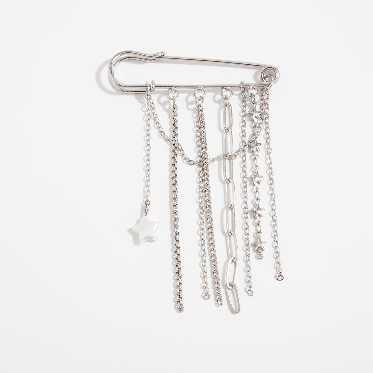 Trendy Metal Chain Tassel Brooch Pin With Stone Detail