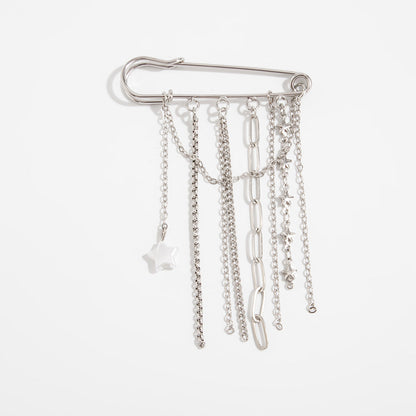 Trendy Metal Chain Tassel Brooch Pin With Stone Detail