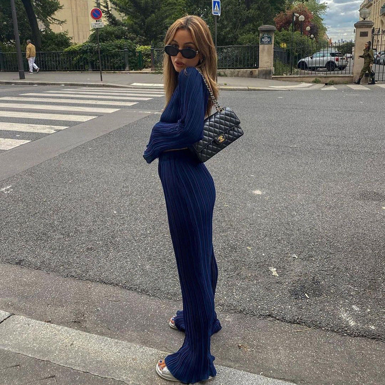 Chic Long Sleeve T-Shirt and Pleated Wide Leg Pants Set