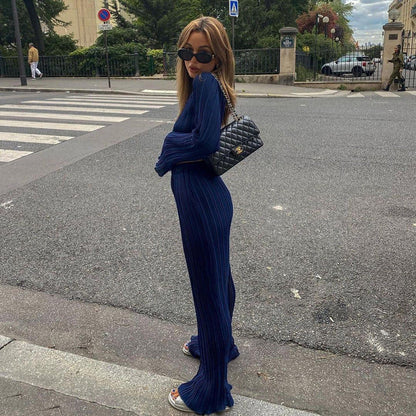 Chic Long Sleeve T-Shirt and Pleated Wide Leg Pants Set