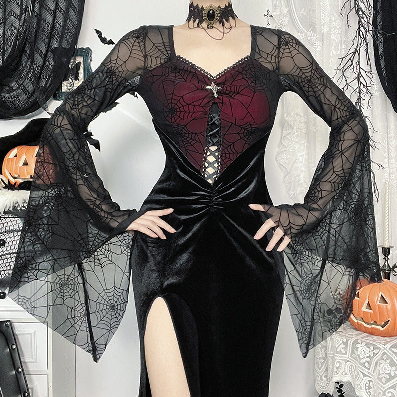 Halloween Elegant Sexy Split Velvet Dress with Bell Sleeves