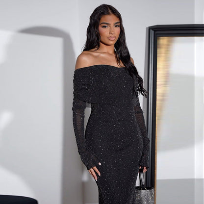 Sleek Black Sequined Midi Dress Off-Shoulder Bodycon Style