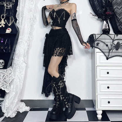 Sexy Gothic Strapless Top with Lace and Chains