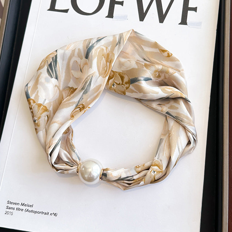 Elegant Print Large Pearl Silk Scarf
